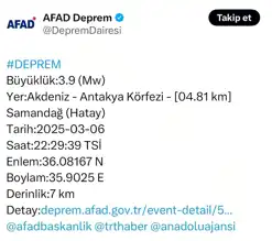 Hatay'da 3.9 Büyüklüğünde Deprem Hissedildi
