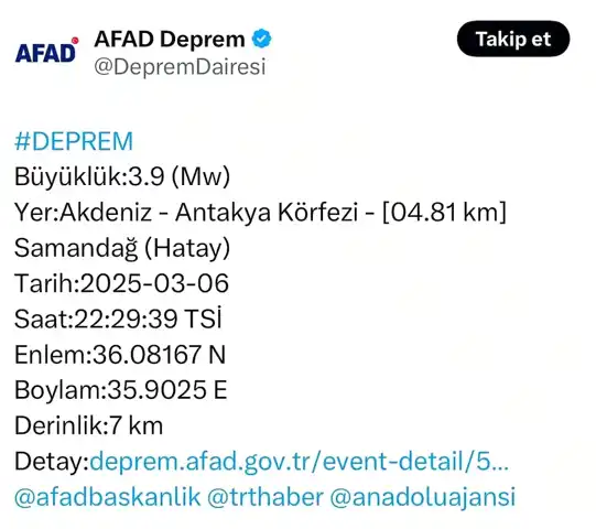 Hatay'da 3.9 Büyüklüğünde Deprem Hissedildi